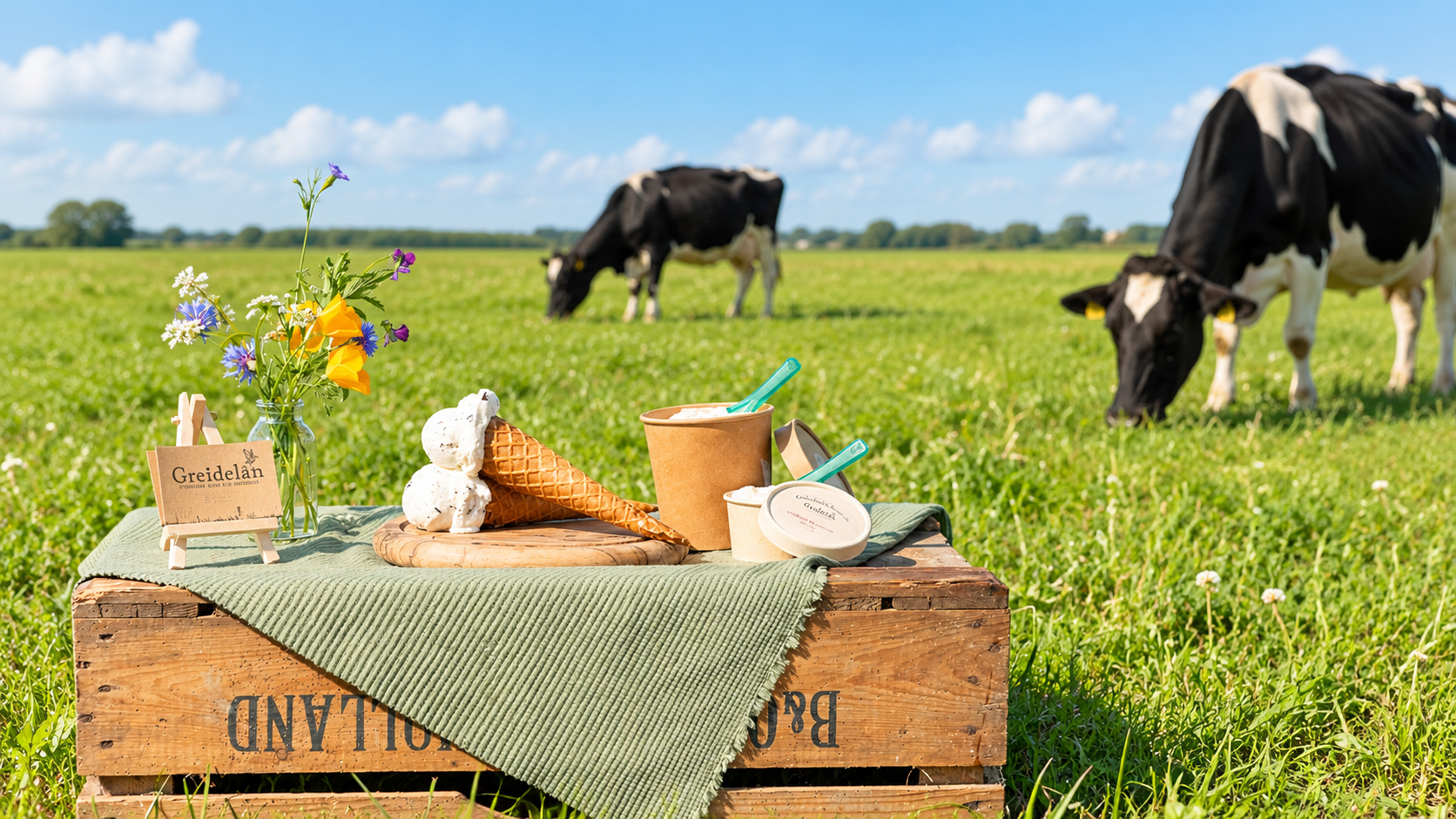 Greidelân-boerenijs met bloemen in de wei, met koeien op de achtergrond